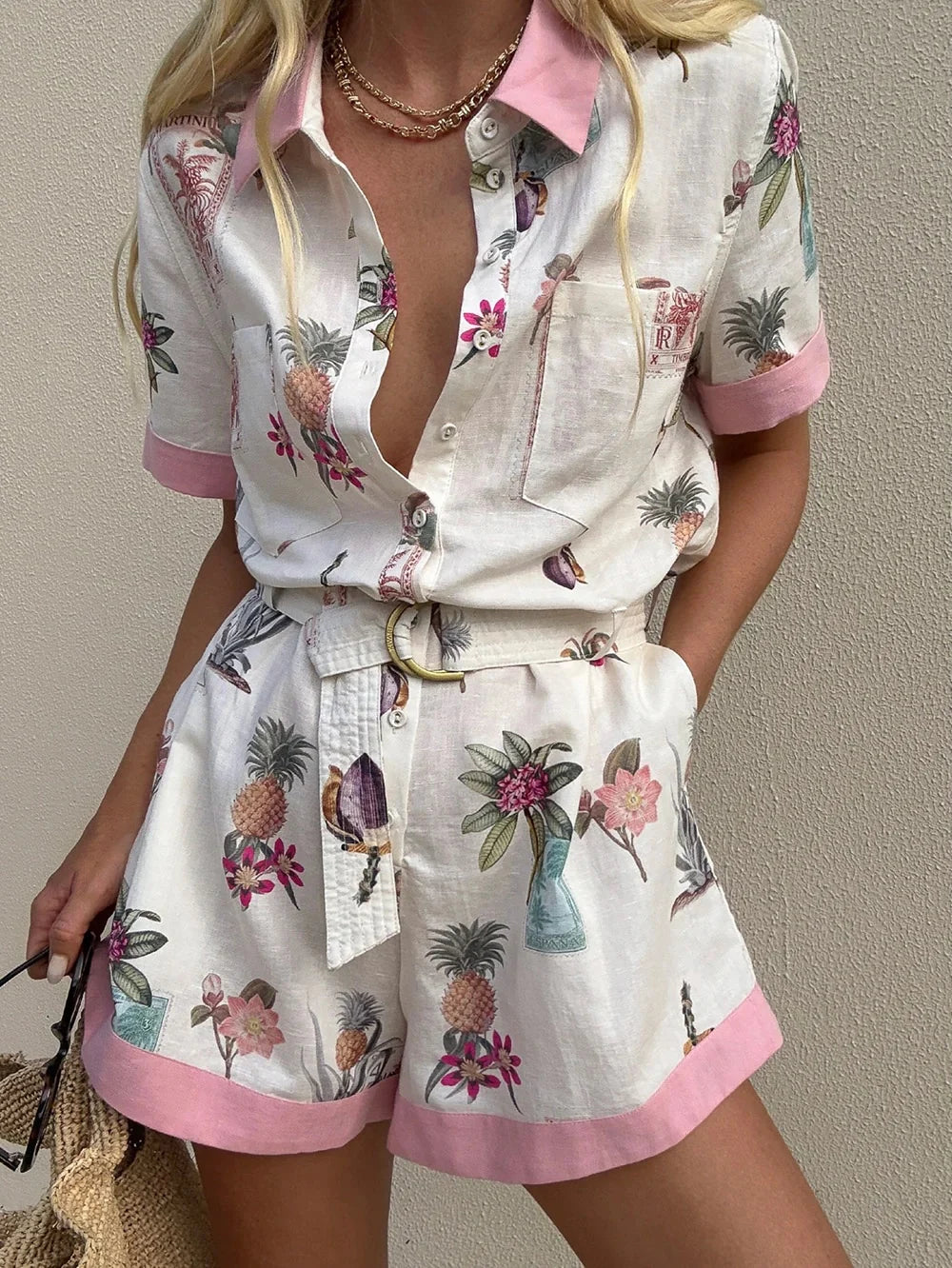 Early Spring 2026 Women Flower Printed Short Sleeve Turn-down Collar High Waist Single Breasted Fashion Jumpsuit