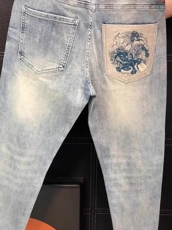 Ele Men's Jeans Casual Slim Fit Embroidered Elastic Summer New Sle Faionable Lightweight Faion Urban Youth Jeans