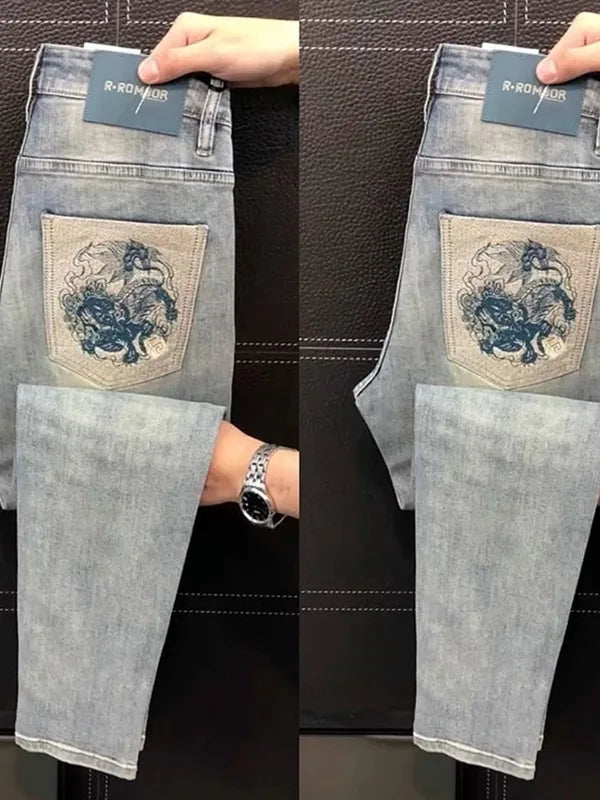 Ele Men's Jeans Casual Slim Fit Embroidered Elastic Summer New Sle Faionable Lightweight Faion Urban Youth Jeans