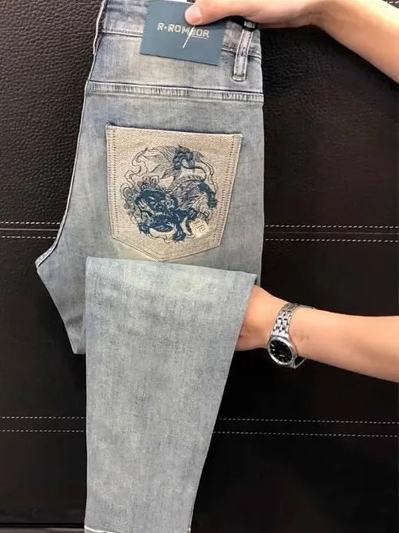 Ele Men's Jeans Casual Slim Fit Embroidered Elastic Summer New Sle Faionable Lightweight Faion Urban Youth Jeans