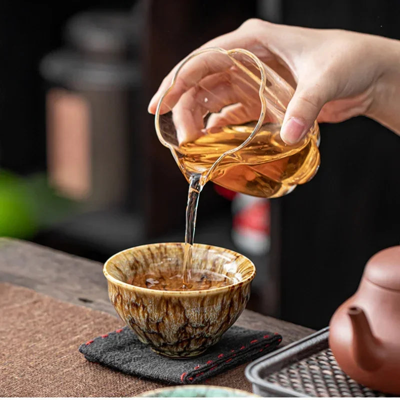 A Set of Handmade Ceramic Teacups, A Total of 5 Pieces, Traditional Kiln-changed Wuxing Kung Fu Teacup, Jianzhan Style
