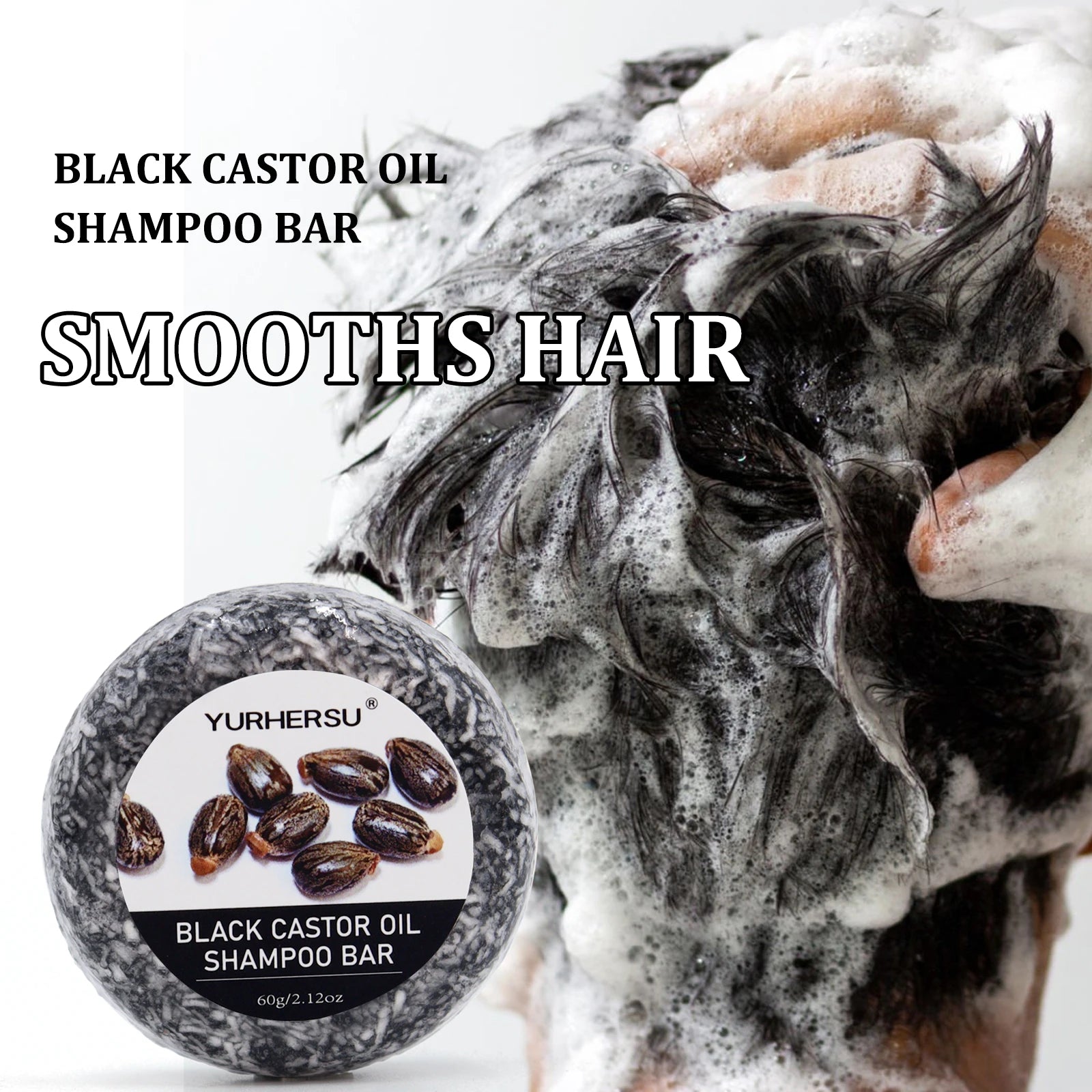 60g Black Castor Shampoo Bar 2-in-1 Shampoo and Conditioner, made with castor extract, nourishes and cares for all hair types.