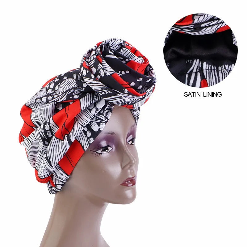 Big Flower Women's African Turban Cap Satin Lining Africa Pattern Printed Headwear Hat Female Head Wraps Ankara Hair Head Hat