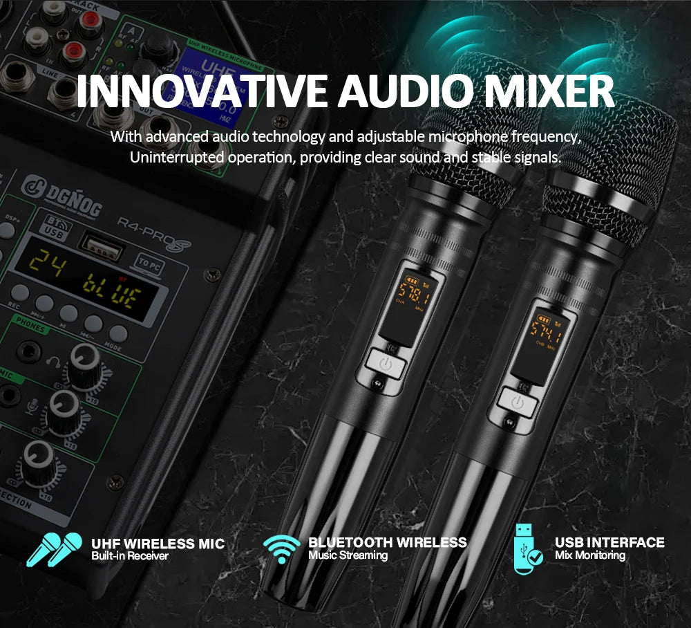4 Channel Karaoke Audio Mixer with Dual UHF Wireless Microphone USB Bluetooth DJ Mixer for Party Computer Studio Recording DGNOG