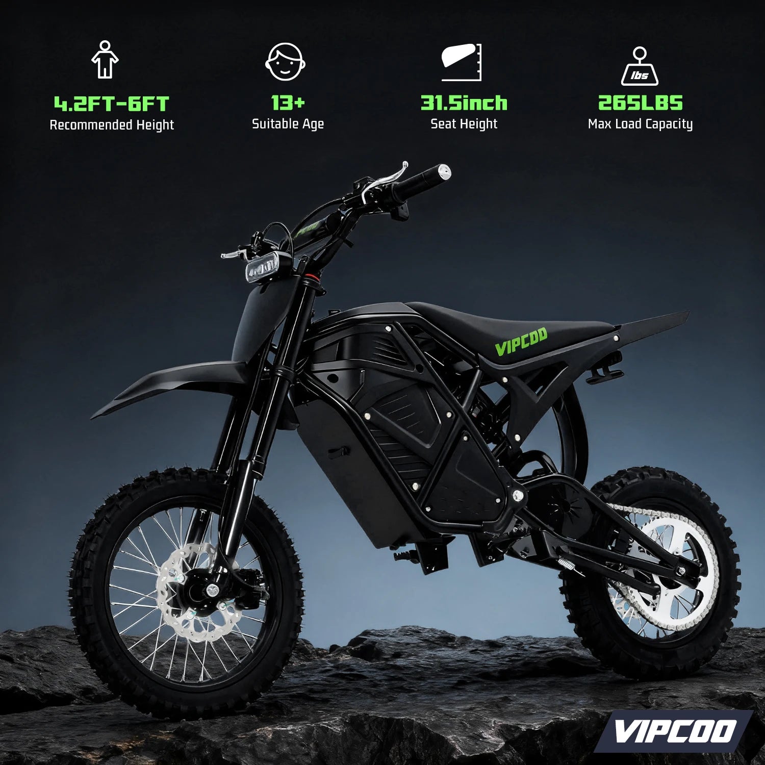 Electric Dirt Bike VIPCOO H3 3500W 48V23AH Electric Motorcycle Fat Tire Nitrogen Suspension E Dirt Bike for Teens and Adults