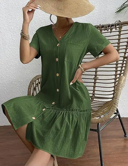 Casual Cotton Linen Summer Mini Dress For Women V-Neck Ruffles Short Sleeve Short Dress Ladies Fashion Loose Button Dresses