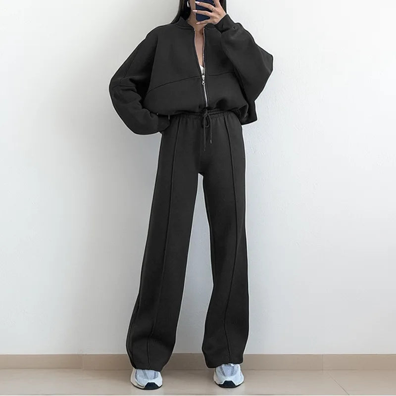 European American women's clothing autumn and winter suit new fashion solid color casual loose street sports sweater suit women