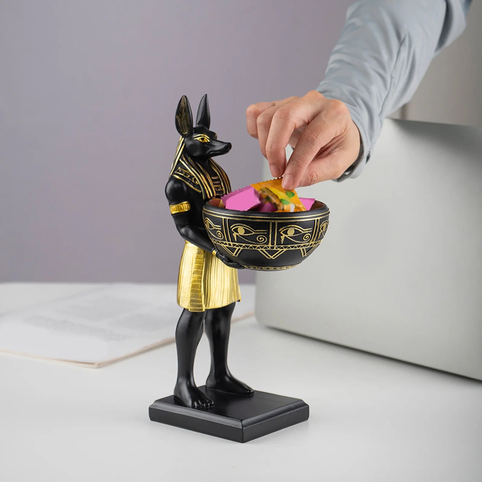 25cm Anubis God Statue Ancient Egypt Art Sculpture with Bowl Egyptian Sculpture Gift for Mythology Lovers & History Buffs