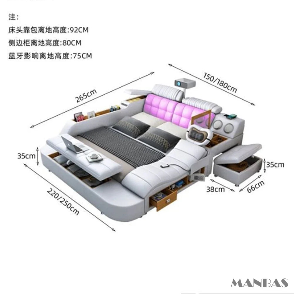 D MANBAS Tech Smart Genuine Leather Bed | Multifunctional Ultimate Beds | Massage Tatami Bed With Projecter | Upholstered Cama
