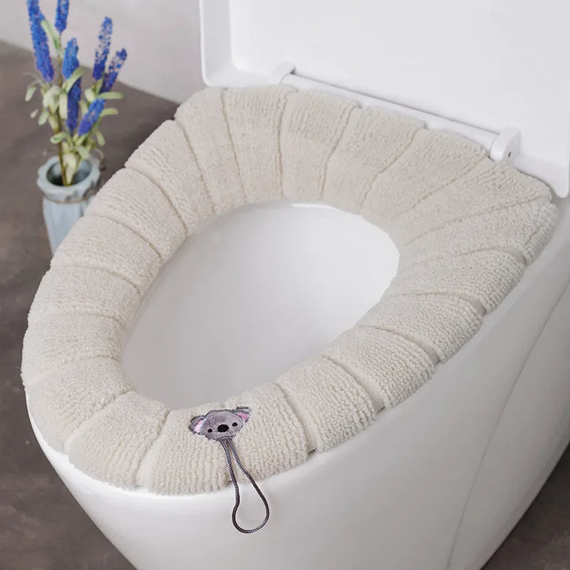 1 Pack Stitched Color Portable Knitted Toilet Mat Thickened Washable Antifreeze Toilet Cover Thickened Knitted O Type Universal