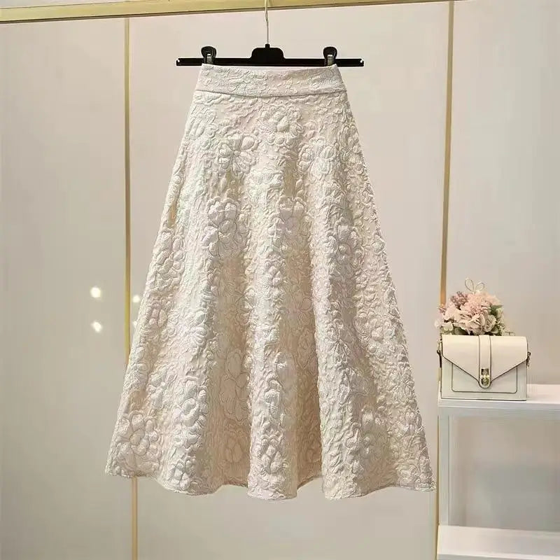 2024 New Spring and Autumn Vintage Fashion Minimalist Elegant Versatile Solid Color Printed Pleated Women's High Waist Skirt