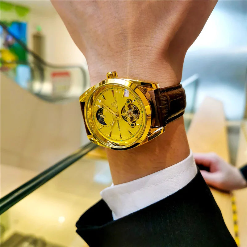 AOKULASIC Luxury Mens Automatic Mechanical Watch Moon Phase Stars Tourbillon Luminous Waterproof Fashion Wristwatch