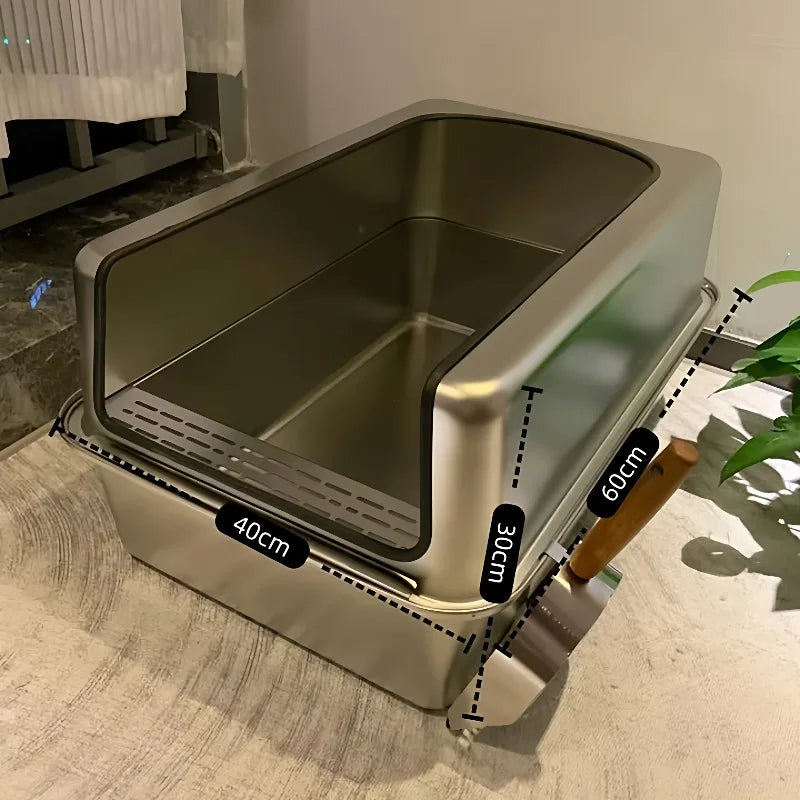 Extra-Large 60cm Cat Litter Box Stainless Steel Cat Poop Tray Raised Fence Cat Toilet Odor-Proof Anti-Splash Pet Litter Box