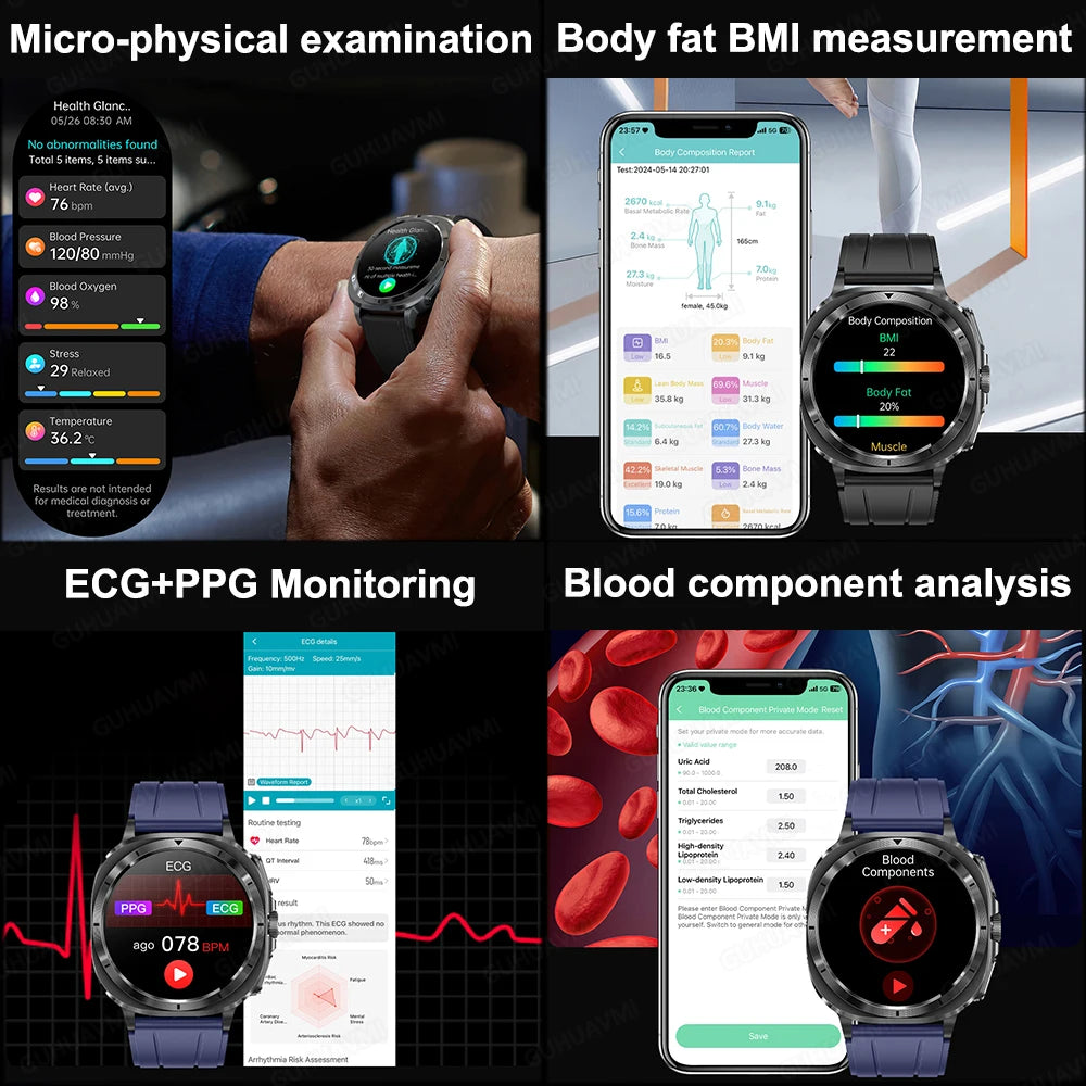 2025New ECG+PPG Laser Diagnose Blood pressure Smart Watch Men Heart Rate Uric Acid Blood fat Body analysis Health NFC Smartwatch