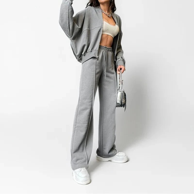 European American women's clothing autumn and winter suit new fashion solid color casual loose street sports sweater suit women