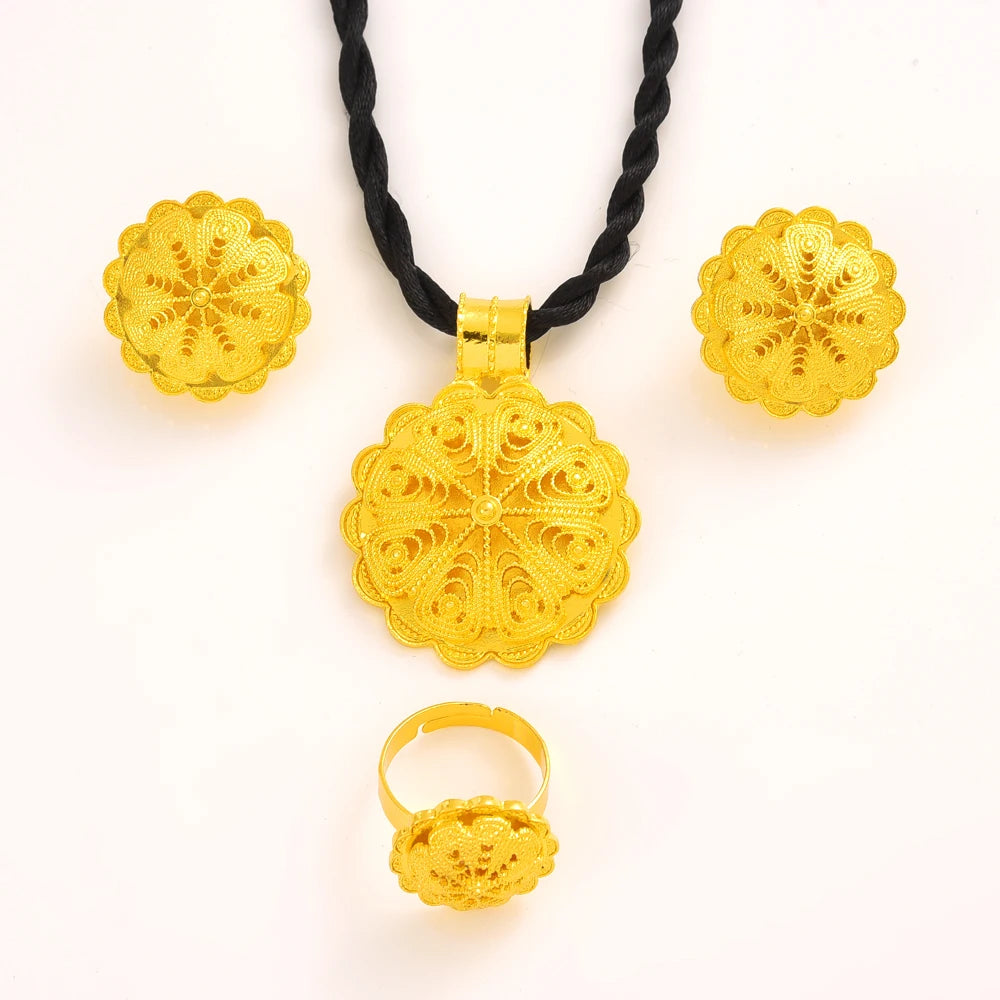 24K Gold Plated Fashion Ethiopian Big Size Earrings/Pendant/Ring Jewelry Sets Gold Plate Africa Bride Wedding Eritrea Set Gift