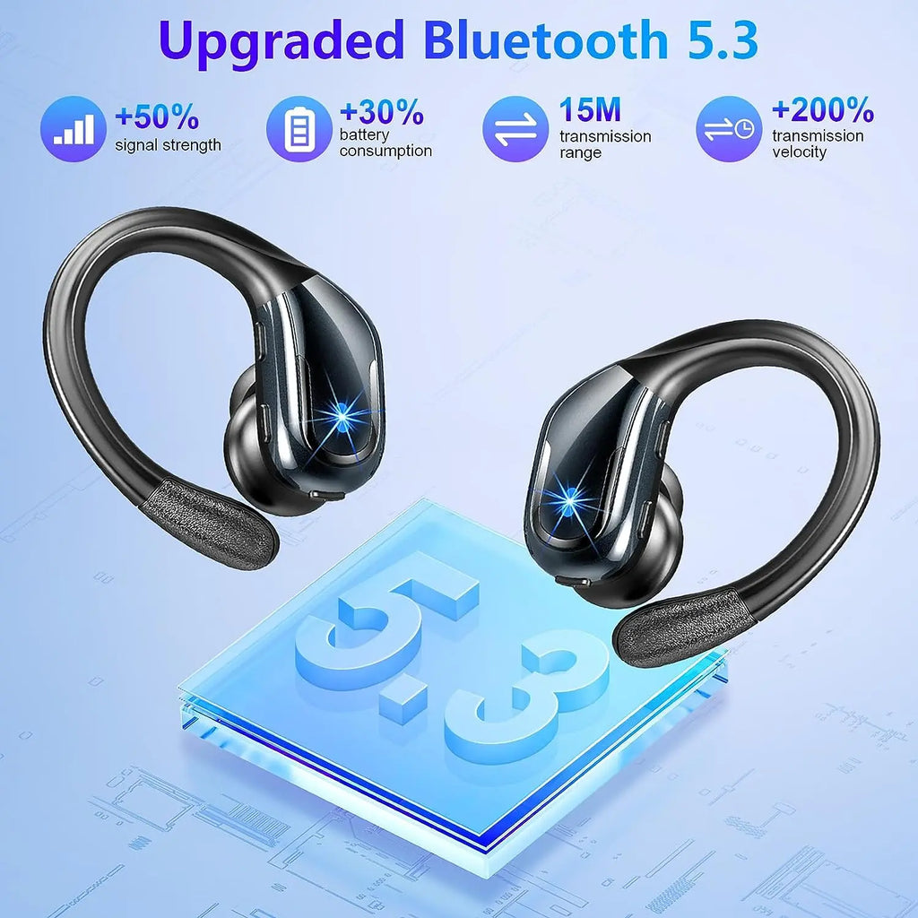 75Hrs Bluetooth 5.3 IP7 Waterproof Wireless Headphones with ENC Noise Cancelling Deep Bass Earhook For Sports Workout Gym Earbud