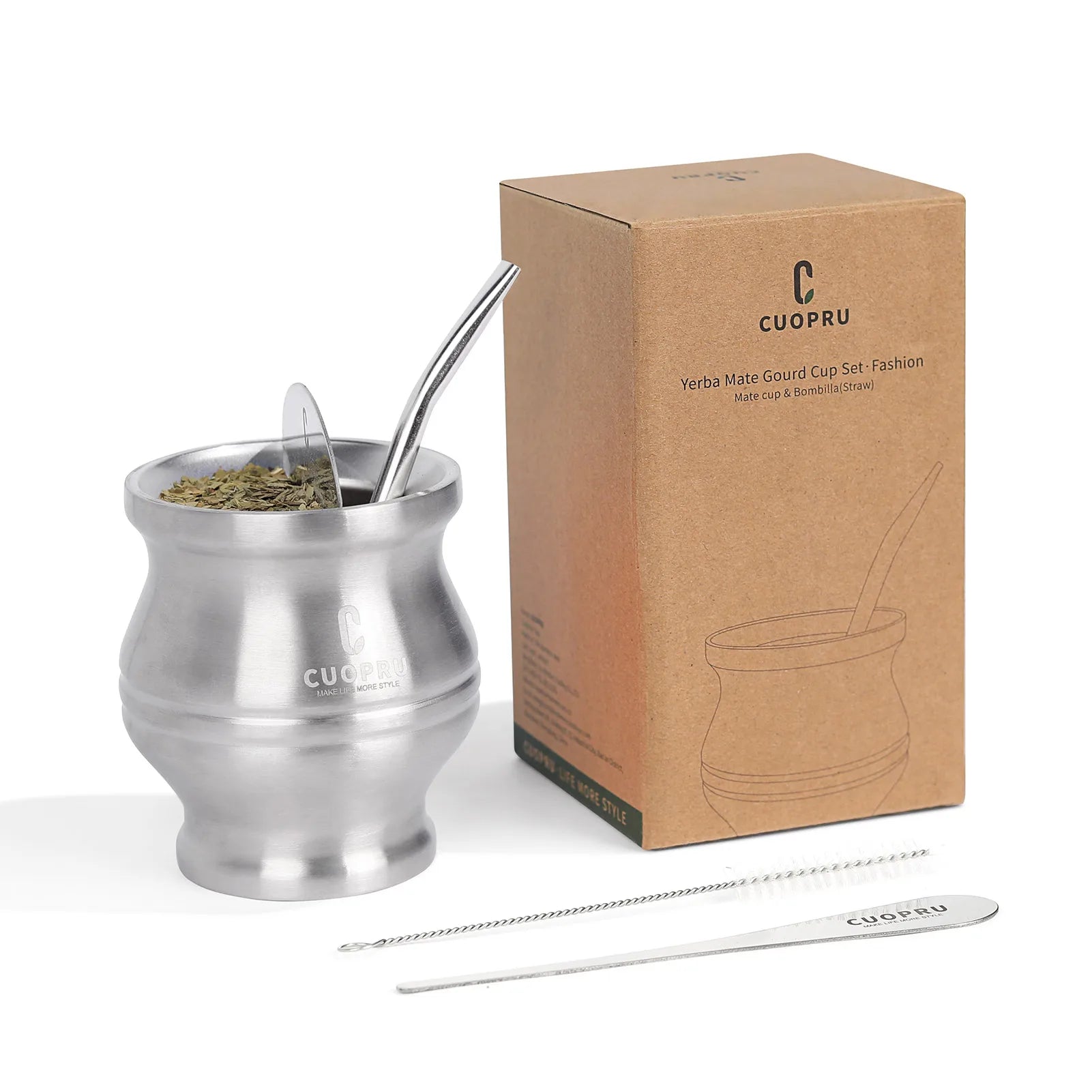 5 in 1 Yerba Mate Cup Set, Include CUOPRU Double Walled StainlMate Gourd, Tea Separator set, Bombillas(Straw) and Cleaning Brush