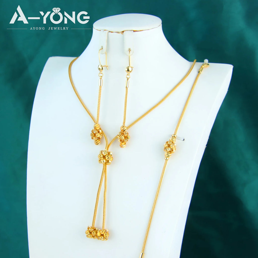 Arabic Gold Beads Jewelry Set 21k Gold Plated Dubai Women Bride Wedding Necklace Bracelet Earrings Ethiopian Fashion Jewellry