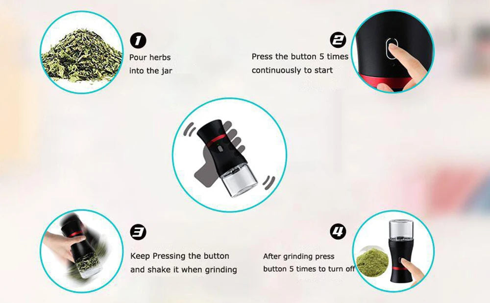 Electric Herb Grinder Compact Size Updated 6 Blades with 50ml Glass Herb Jars USB-Rechargeable Automatic Electric Grinder