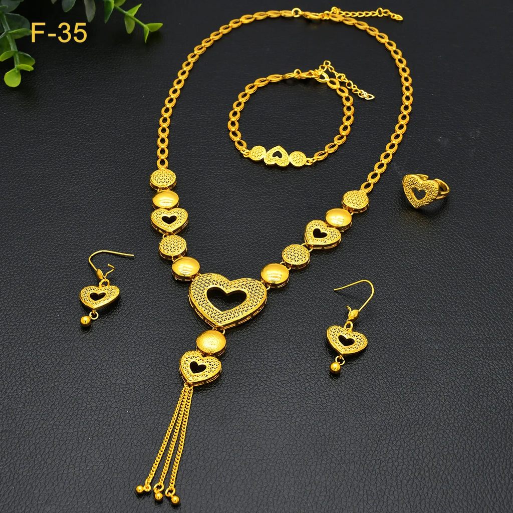 Arabic Dubai Jewelry Set for Women Earrings Ethiopian African Long Chain 24K Gold Color Necklace Wedding Bridal Party Gift