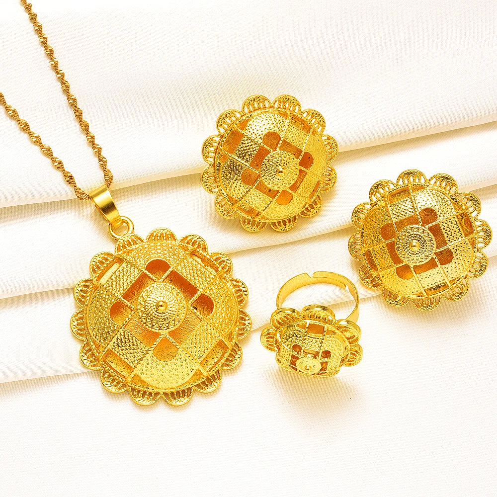 24K Gold Plated Fashion Ethiopian Earrings/Pendant/Ring Jewelry Sets Gold Plate Africa Bride Wedding Eritrea Set Gift