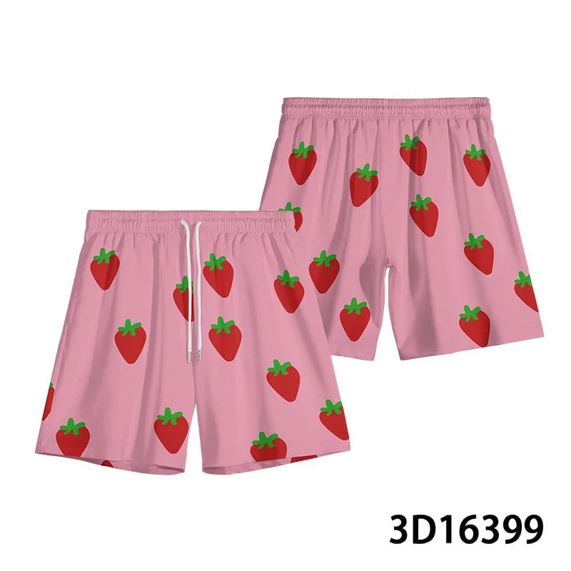 2026 Summer Loose Strawberry Shorts Mayonnaise Beach Shorts Men Swim Trunks Drawstring Waist Quick Dry Cartoon Pants Streetwear