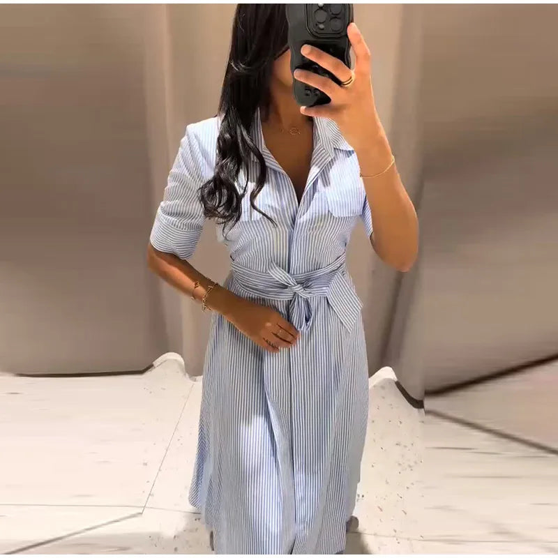 Casual Striped Women Summer Dress Lapel Single Breast Half Sleeve Slim Waist Long Dresses 2025 Autumn Lady Fashion Vacation Robe