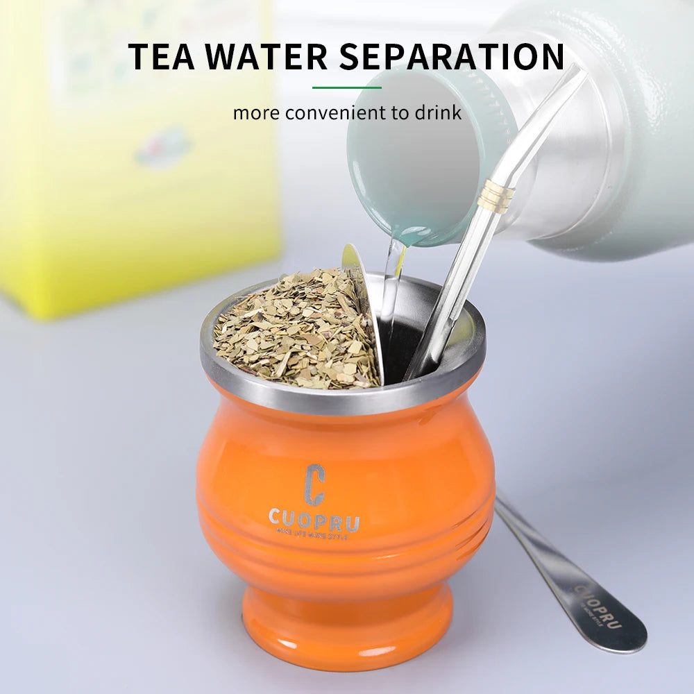 5 in 1 Yerba Mate Cup Set, Include CUOPRU Double Walled StainlMate Gourd, Tea Separator set, Bombillas(Straw) and Cleaning Brush