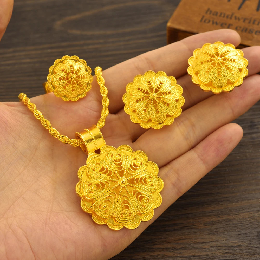 24K Gold Plated Fashion Ethiopian Big Size Earrings/Pendant/Ring Jewelry Sets Gold Plate Africa Bride Wedding Eritrea Set Gift