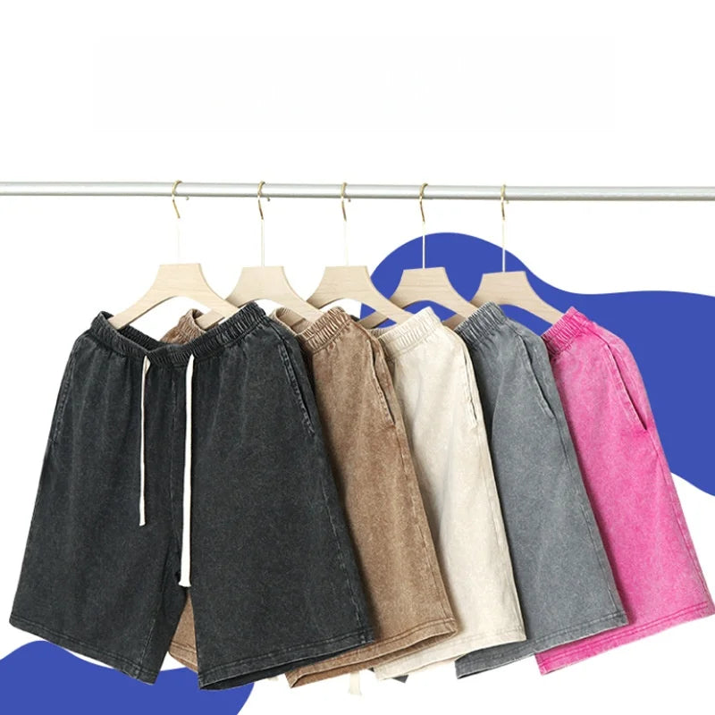 2026 New Distressed Summer Shorts Men 320G Heavy Cotton Drawstring Harajuku Loose Sweatshorts Male Casual Short Pant Streetwear