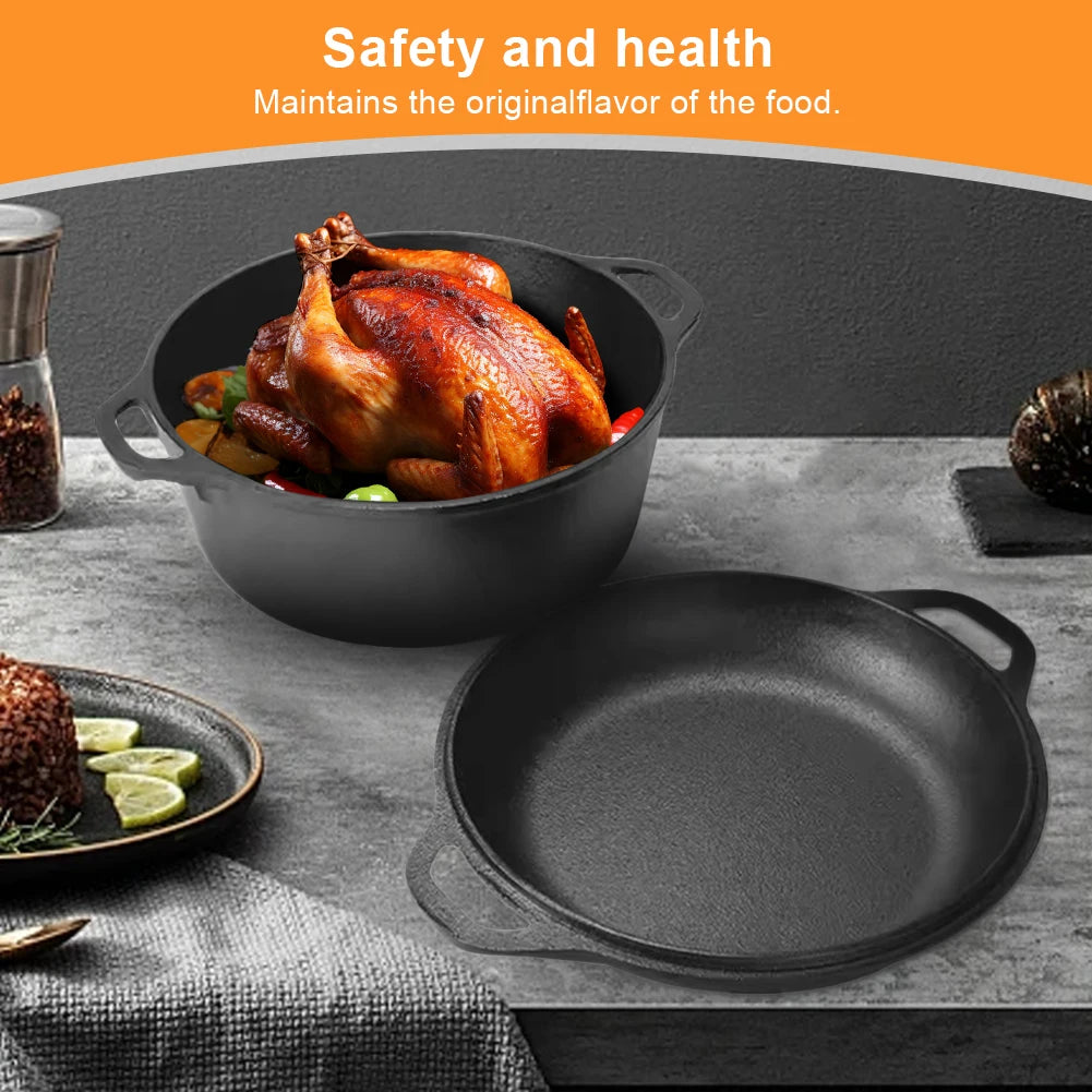 2 in 1 Cast Iron Dutch Oven with Skillet Lid Skillet Cookware Pan Set with Dual Handles for Bread Frying Baking
