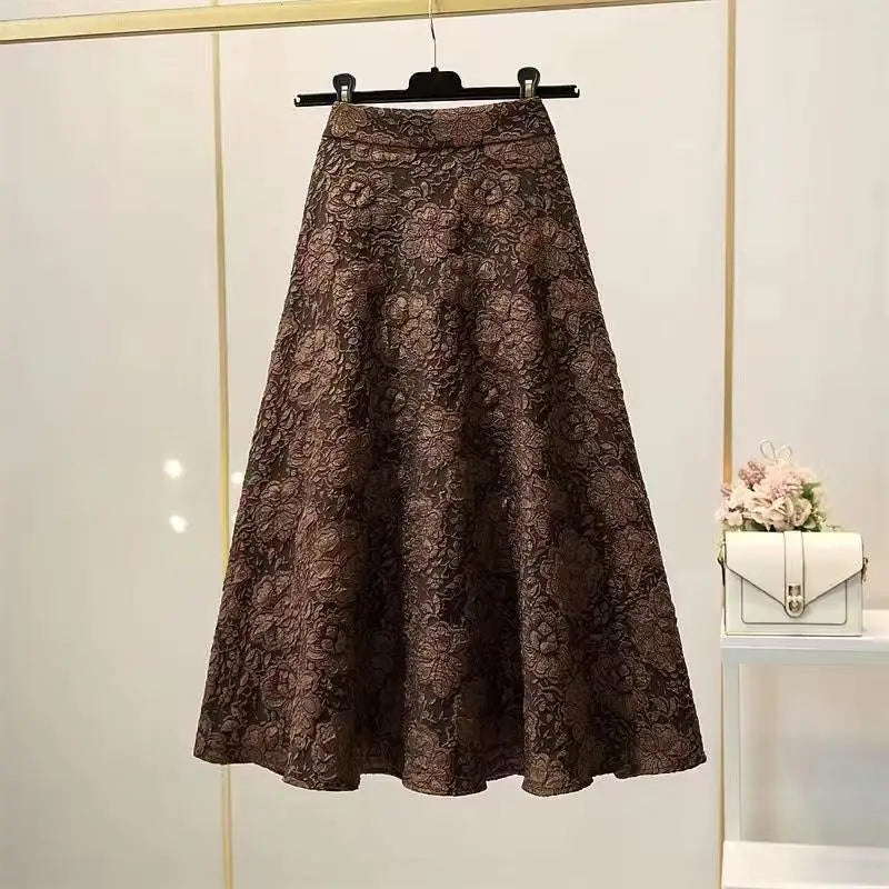 2024 New Spring and Autumn Vintage Fashion Minimalist Elegant Versatile Solid Color Printed Pleated Women's High Waist Skirt