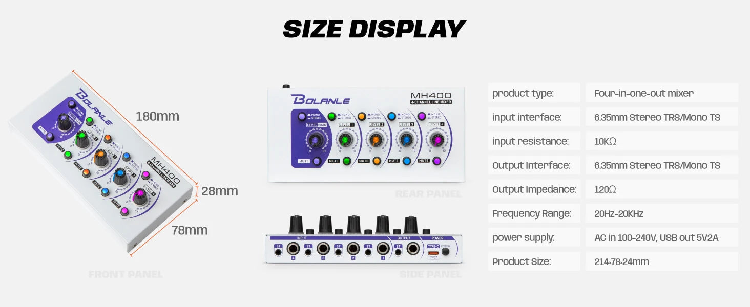Bolanle Ultra Low-Noise 4-Channel Line Mixer Equipped with stereo mono switching and  mute function RGB lighting effect