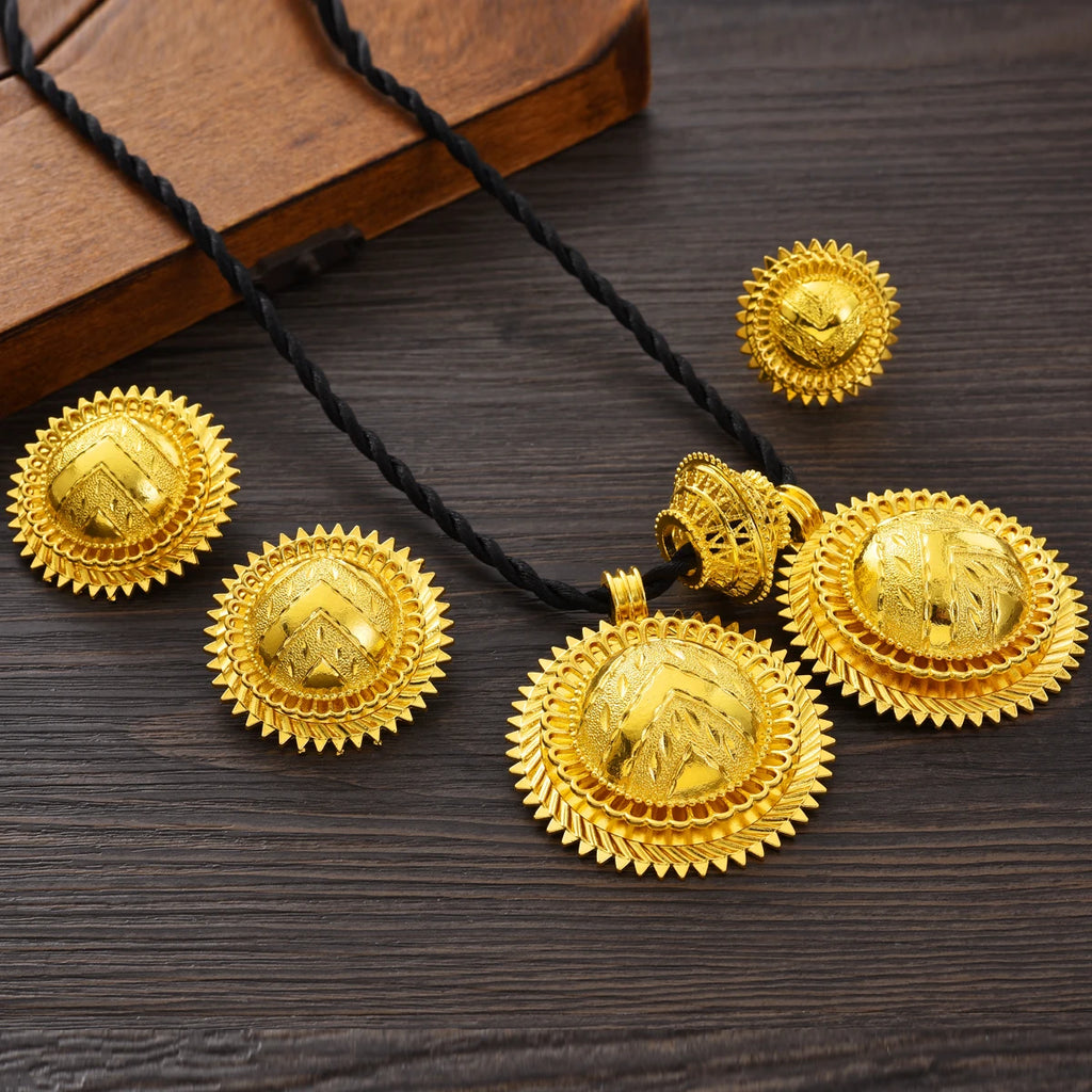 Eritrean Ethnic Style Jewelry Set Gold Color Necklace Pendant Ring Earring Ethiopian Bride Traditional Wedding Jewelry Gift #086