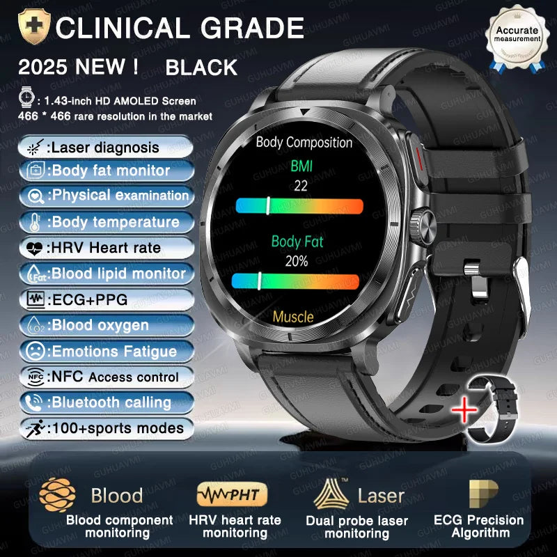 2025New ECG+PPG Laser Diagnose Blood pressure Smart Watch Men Heart Rate Uric Acid Blood fat Body analysis Health NFC Smartwatch