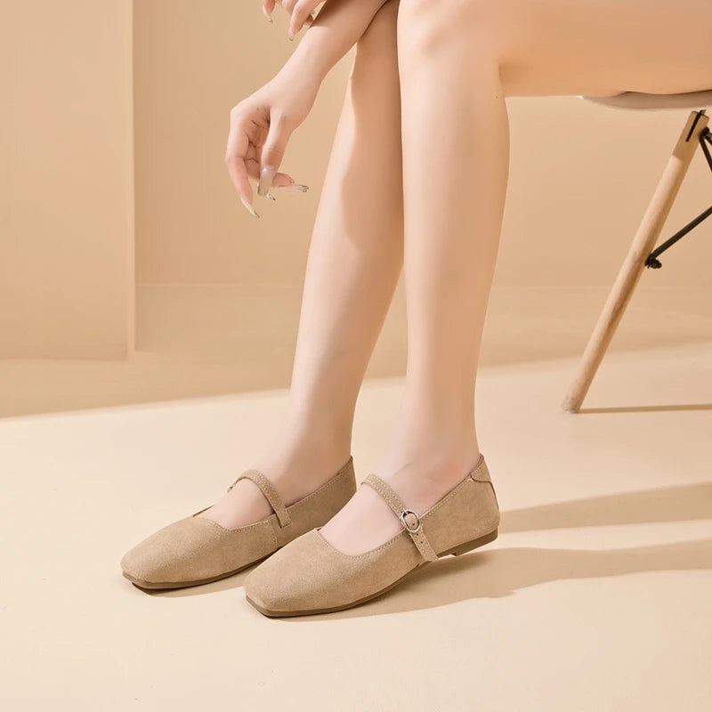 AIYUQI Mary Jane Women's Shoes 2026 New Suede Leather Non-slip Women Ballet Flat Shoes Square Toe Comfortable Female Shoes