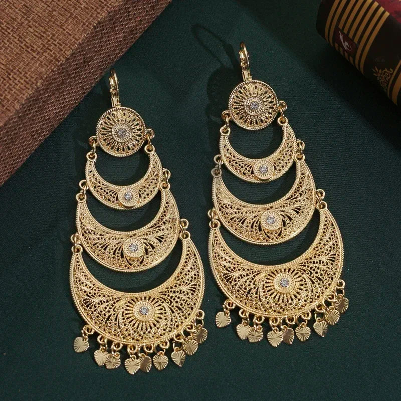 Arab Muslim Wedding Jewelry Gold Plated Pendant Earrings Crystal Moon Shape Ethiopian Turkish Bridal Gift Fashion Accessories