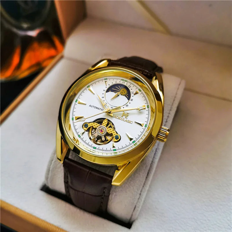 AOKULASIC Luxury Mens Automatic Mechanical Watch Moon Phase Stars Tourbillon Luminous Waterproof Fashion Wristwatch