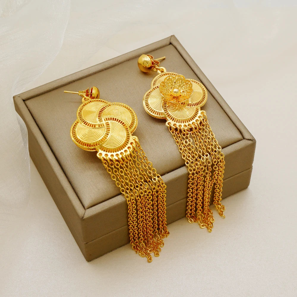 Ethiopia Africa Luxury Gold Color Jewelry Set Wedding Party Exquisite Women Wearing Earrings and Pendant Set