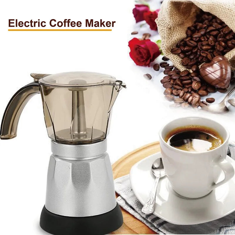 150ml/300ml Electric Coffee Maker Cups Aluminum Mocha Pot 480W Electric Italian Coffee Maker Percolator for Home Silver 3/6Cups