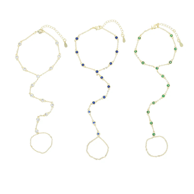 2023 Summer Jewelry Pendant Link Chain Ring Bracelet for Women White Green Blue Stone CZ Gold Plated Adjust Bracelet Accessories