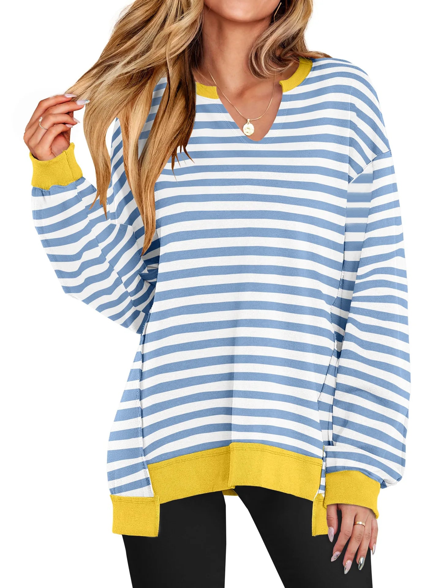 2026 Spring Sweatshirts Women Sweatshirt Tops V Neck Full Sleeve Y2k Streetwear Work Casual Loose Elegant Striped Top Autumn