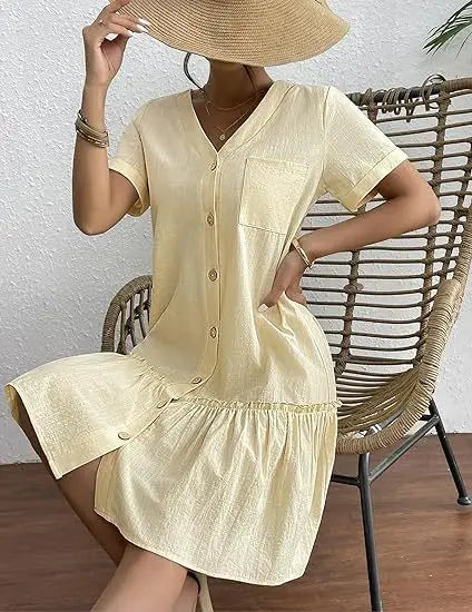 Casual Cotton Linen Summer Mini Dress For Women V-Neck Ruffles Short Sleeve Short Dress Ladies Fashion Loose Button Dresses