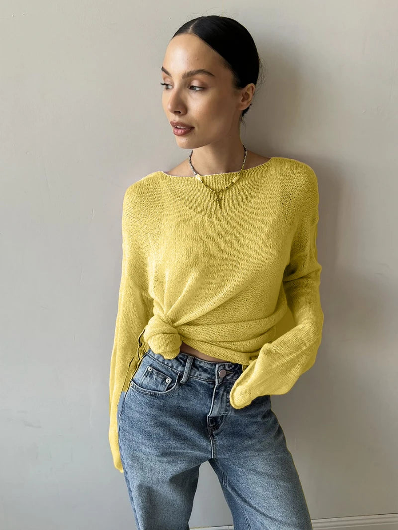 2025New Spring and Autumn Hollow Out Sweater for Women European and American StyleinsSoft and Loose Knitted Long Sleeve Cover-Up