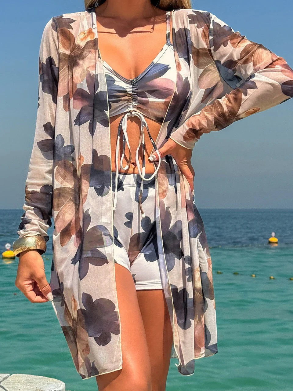 3 Pieces Tie Dye Bikinis Swimsuit 2025 New Women Drawstring Front Swimwear Female High Waist Shorts Bathers Swim Suit Beachwear