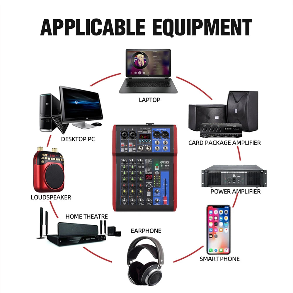 4 6 8-channel portable audio mixer, 99 DSP digital effects, Bluetooth 5.0 USB tuner for DJ consoles, karaoke, music festivals