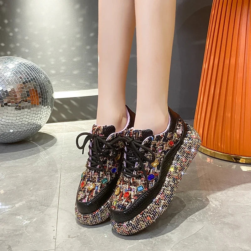 Designer Sneakers for Women 2025 New Spring Shiny Rhinestones Women's Vulcanize Shoes Fashion Autmn Platform Casual Shoes Female