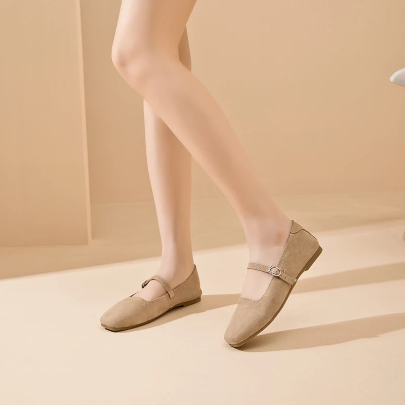 AIYUQI Mary Jane Women's Shoes 2026 New Suede Leather Non-slip Women Ballet Flat Shoes Square Toe Comfortable Female Shoes