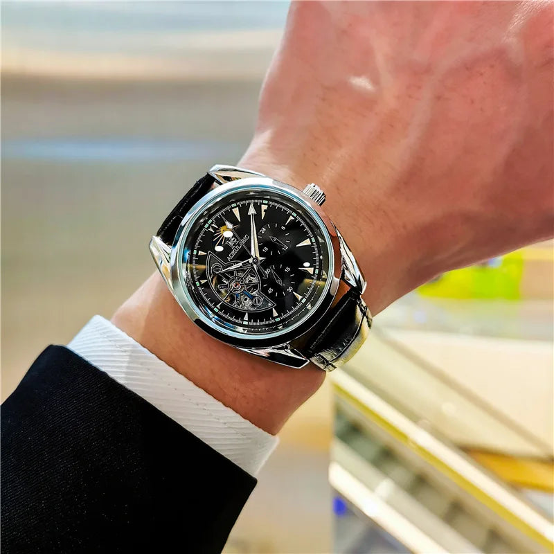 AOKULASIC Luxury Mens Automatic Mechanical Watch Moon Phase Stars Tourbillon Luminous Waterproof Fashion Wristwatch